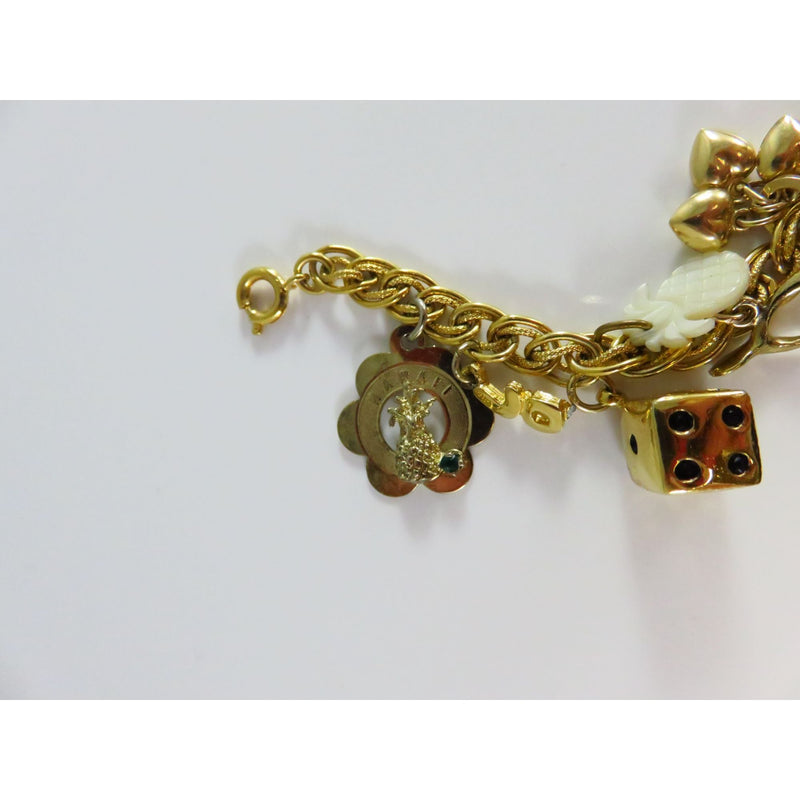 Vintage Gold Tone Charm Bracelet With Mixed Charms & Rope Chain Links