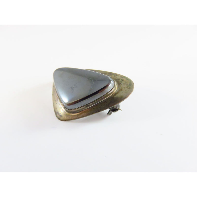 Vintage Modernist 835 Silver Polished Hematite Triangle Brooch Pin