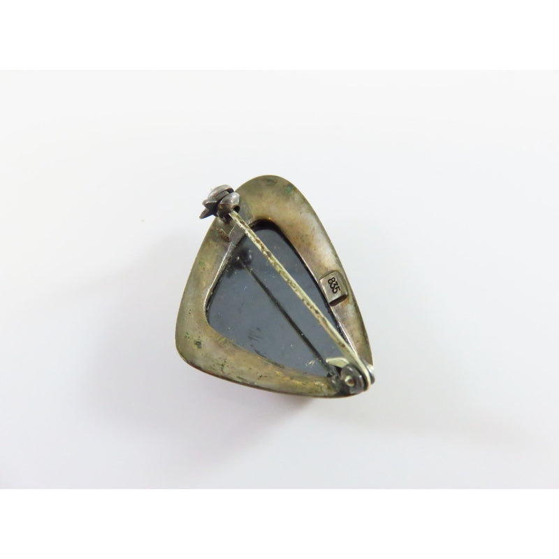 Vintage Modernist 835 Silver Polished Hematite Triangle Brooch Pin