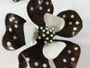Vintage 1960s Brown White Polka Dot Enamel Flower Brooch and Clip On Earrings Set Mid-Century Costume Jewelry 3 5/8 Inch