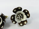 Vintage 1960s Brown White Polka Dot Enamel Flower Brooch and Clip On Earrings Set Mid-Century Costume Jewelry 3 5/8 Inch