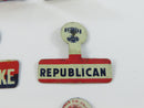 Vintage Political Patriotic Lithograph Tin Collar Tab Clip Pin Lot of 6 Jay Cooke Martin Republican CFC USIT Eagle