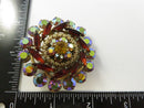 Vintage Aurora Borealis and Amber Red Rhinestone Tiered Dome Starburst Brooch Gold Tone 2 1/8 Inch Pin with Safety Catch