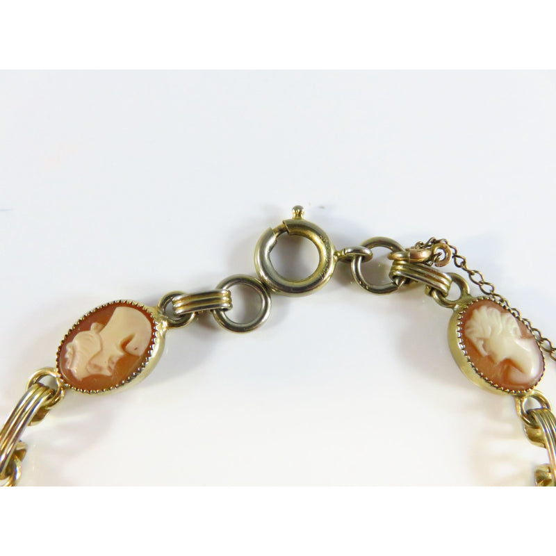 Vintage 12K Gold Filled Cameo Bracelet With Safety Chain & 7 Carved Cameos