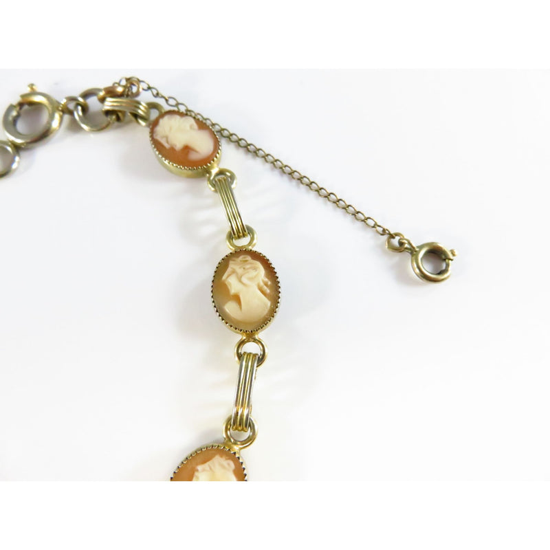 Vintage 12K Gold Filled Cameo Bracelet With Safety Chain & 7 Carved Cameos