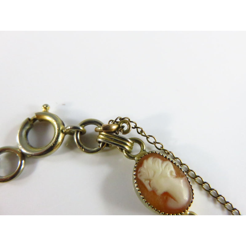 Vintage 12K Gold Filled Cameo Bracelet With Safety Chain & 7 Carved Cameos