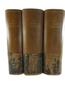 Three brown ribbed cloth volumes of The Greek Testament standing spine-out, with worn gilt lettering and damaged lower spine labels.