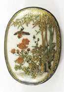 Vintage c1940 Japanese Satsuma Brooch Gold Gilding Garden Scene with Bird Signed
