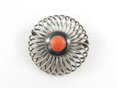 Mid Century Modern Round Spiraling 935 Silver Red Cabochon Coral Brooch