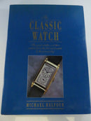 Front dust jacket of The Classic Watch by Michael Balfour, blue with a photograph of a rectangular wristwatch.