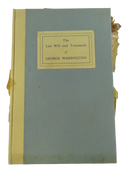 Front cover of The Last Will and Testament of George Washington, a blue-gray hardcover with cream spine and mounted title label.