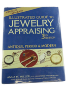 Front dust jacket of Anna M. Miller's Illustrated Guide to Jewelry Appraising, 3rd Edition, showing jewelry and appraisal tools.