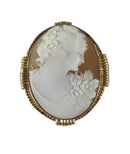 10K Gold Art Nouveau Right-Facing Floral Shell Cameo Brooch Pendant, 41.8 × 35.5 mm