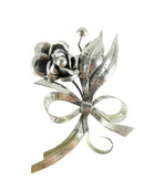 Large 4" Artisan Sterling Silver Flower Spray Brooch with Ribbon Bow, Handwrought, Unpolished for Clean Up