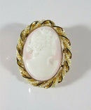 Art Nouveau 10K Gold Shell Cameo Brooch Pendant with Seed Pearl & Enamel Accents