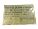 Front page of The Evening News Extra Edition, Harrisburg, PA, Monday, Dec. 8, 1941, with declaration of war on Japan headlines in a plastic sleeve.