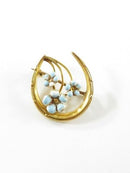 14K Art Nouveau Enamel Flower Horseshoe Pin Forget-Me-Not Protection Motif