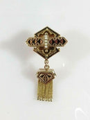 Victorian 10K Yellow Gold Pendant Slide with Seed Pearls & Black Enamel Dangle Design