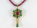 18K Gold Ruby Emerald Diamond Enhancer Pendant with Ruby Bead Necklace 15.5"