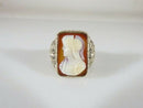 Lovely Antique Carved Hardstone Soldier Pinky Ring Floral Etched Band 10K Sz 9.5