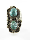 Old Pawn Navajo Double Turquoise Scrolling Feather Finger Ring Size 8.75