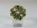 14K Gold Emerald & Cultured Pearl Mid-Century Cluster Ring Size 6
