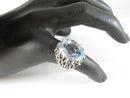 Oval Synthetic Aquamarine Set in Pierced Sterling Silver Band Statement Ring