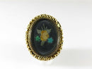 Antique 18K Top 9K Shank Pietra Dura Floral Oval Ring, Brooch Conversion, Large Sz 7.5