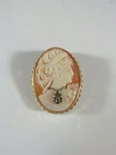Vintage 14K Gold Shell Cameo Brooch Pendant with Diamond Accent