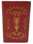 Front cover of The Works of Cowper and Thomson in red ribbed cloth with elaborate gilt urn and floral decoration.