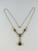 14K Gold Edwardian Blue Zircon Lariat Necklace, 4 Natural Stones