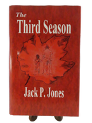 Front of the red dust jacket for The Third Season by Jack P. Jones, with an illustration of an older man and child within a Georgia-shaped outline.