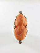 14K Gold Carved Coral Cameo Ring with Diamond Accents in Floral Leaf Setting Size 2.5