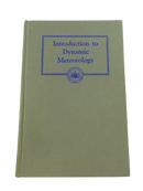 Front cover of Introduction to Dynamic Meteorology, a pale green cloth hardcover with blue title panel and Pennsylvania State University seal.