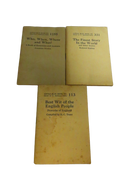 Three aged Little Blue Books displayed together: Who, When, Where and What? No. 1255, Kipling's The Finest Story in the World No. 331, and Best Wit of the English People No. 113.