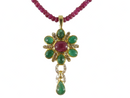18K Gold Ruby Emerald Diamond Enhancer Pendant with Ruby Bead Necklace 15.5"