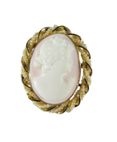 Art Nouveau 10K Gold Shell Cameo Brooch Pendant with Seed Pearl & Enamel Accents