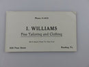 I. Williams Fine Tailoring and Clothing 928 Penn Street Reading PA Telephone 3-1