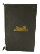 Front cover of Overland Through Asia in embossed dark brown cloth with gilt horse-drawn carriage pictorial stamping and severe damage at the lower spine.