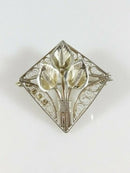 Vintage Diamond Shaped Sterling Silver Pierced Filigree Calla Lily Brooch