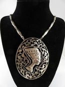 Egyptian Revival Silver Nefertiti Plaque Pendant Necklace with Sarcophagus Link Chain, Large 3.5" Restoration
