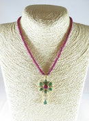 18K Gold Ruby Emerald Diamond Enhancer Pendant with Ruby Bead Necklace 15.5"