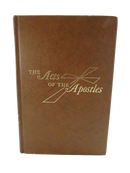Front cover of the brown leather hardcover, gilt-stamped The Acts of the Apostles with a cross design.