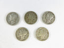 Lot of 5 Mercury Silver Dimes 90% Silver 1940s Dates Collectible Coins Mercury dimes 90% silver coins 1940s silver dimes
