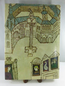 Back dust jacket of The Provensen Book of Fairy Tales with architectural illustration and small framed figures.