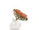 14K Gold Carved Coral Cameo Ring with Diamond Accents in Floral Leaf Setting Size 2.5