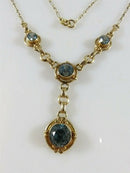 14K Gold Edwardian Blue Zircon Lariat Necklace, 4 Natural Stones