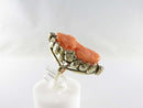 14K Gold Carved Coral Cameo Ring with Diamond Accents in Floral Leaf Setting Size 2.5
