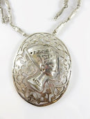 Egyptian Revival Silver Nefertiti Plaque Pendant Necklace with Sarcophagus Link Chain, Large 3.5" Restoration