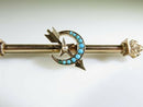 Victorian 10K Gold Crescent Moon Star & Arrow Brooch with Turquoise & Seed Pearl